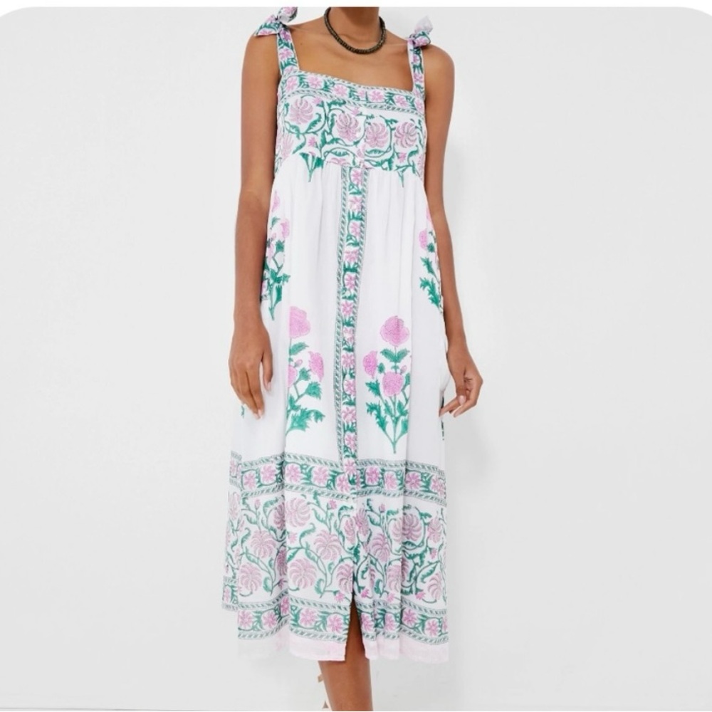 Juliet Dunn White Orchid Poppy Tie Shoulder Midi Dress - Size 3 (M / 8-10)